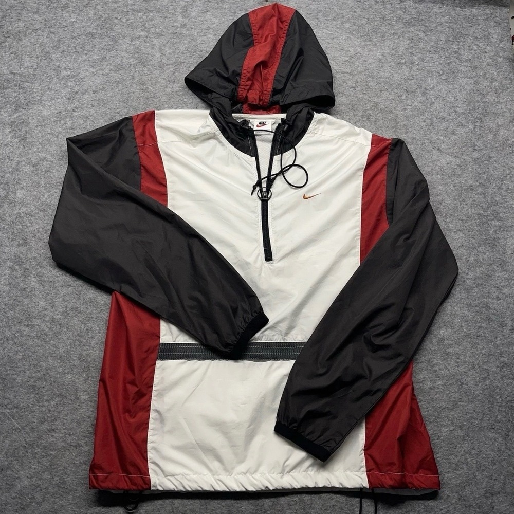 Nike Windbreaker Mens M Half-Zip Hooded Colorblock Polyester White Red Black
